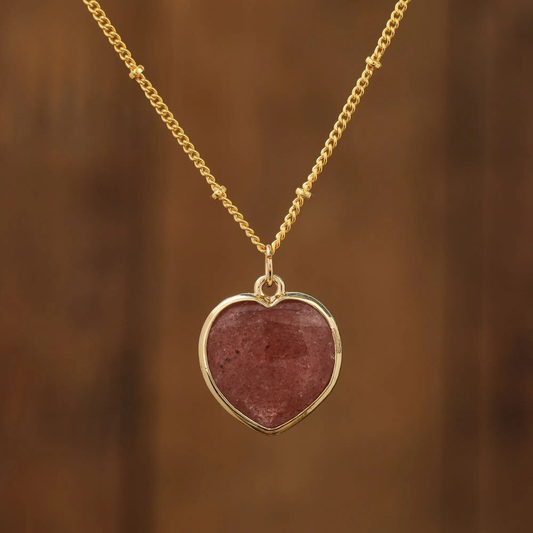 Embrace Love's Essence: Strawberry Quartz Natural Crystal Heart Pendant Necklace with Complementary 18K Gold Chain