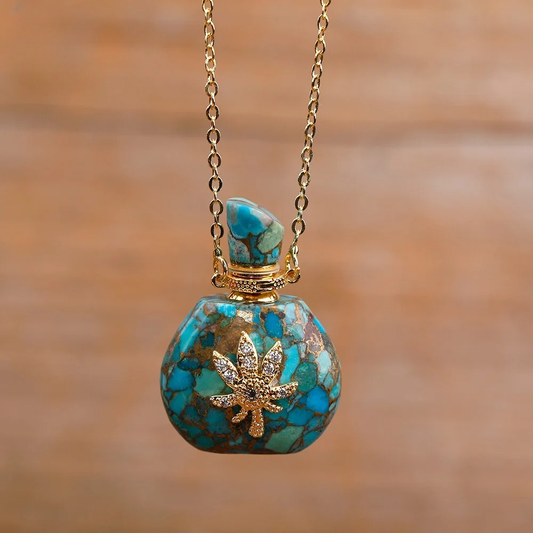 Enchanting Turquoise Stone Perfume Bottle Diffuser Pendant Necklace - Embrace Mystical Aromatherapy and Crystal Energies